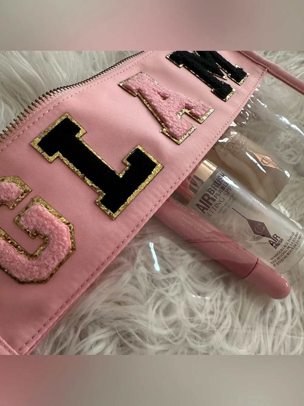 GLAM Clear Makeup Pouch with Chenille Patch Lettering - read description